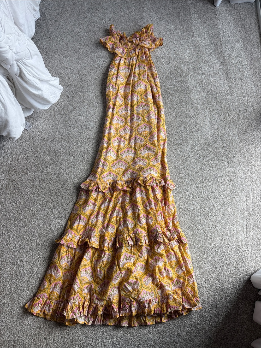 Yellow Floral Smocked Maxi Dress with Ruffle Tiers